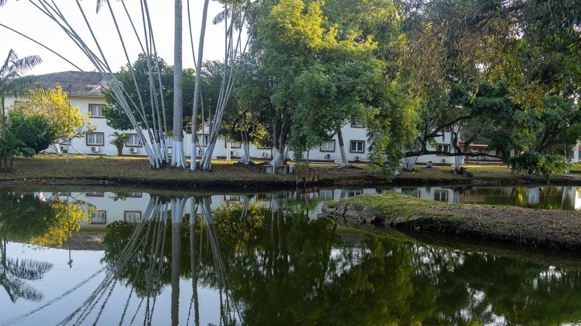 Eine friedliche Seenlandschaft mit einer Reihe weißer Gebäude, die sich in der ruhigen Wasserfläche spiegeln, umgeben von üppigem Grün.