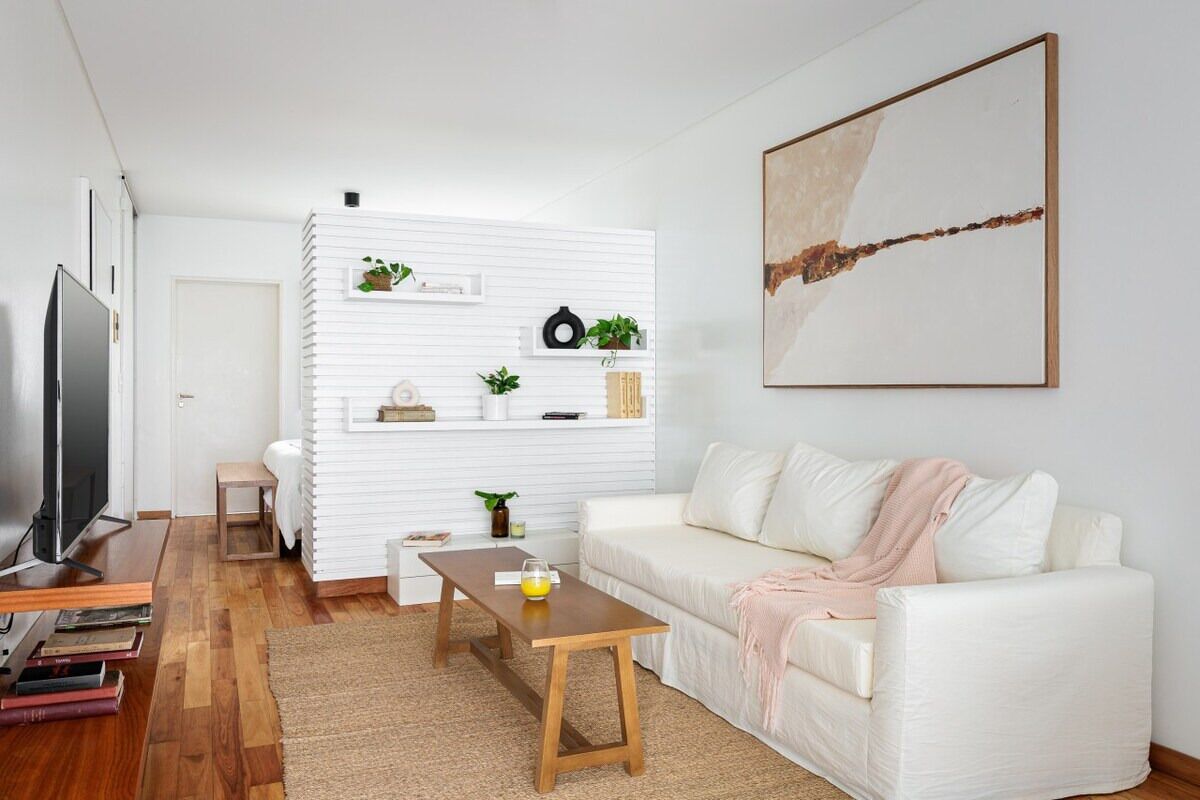 A modern living room with a white sofa, a coffee table, a TV, and a bookshelf with plants.