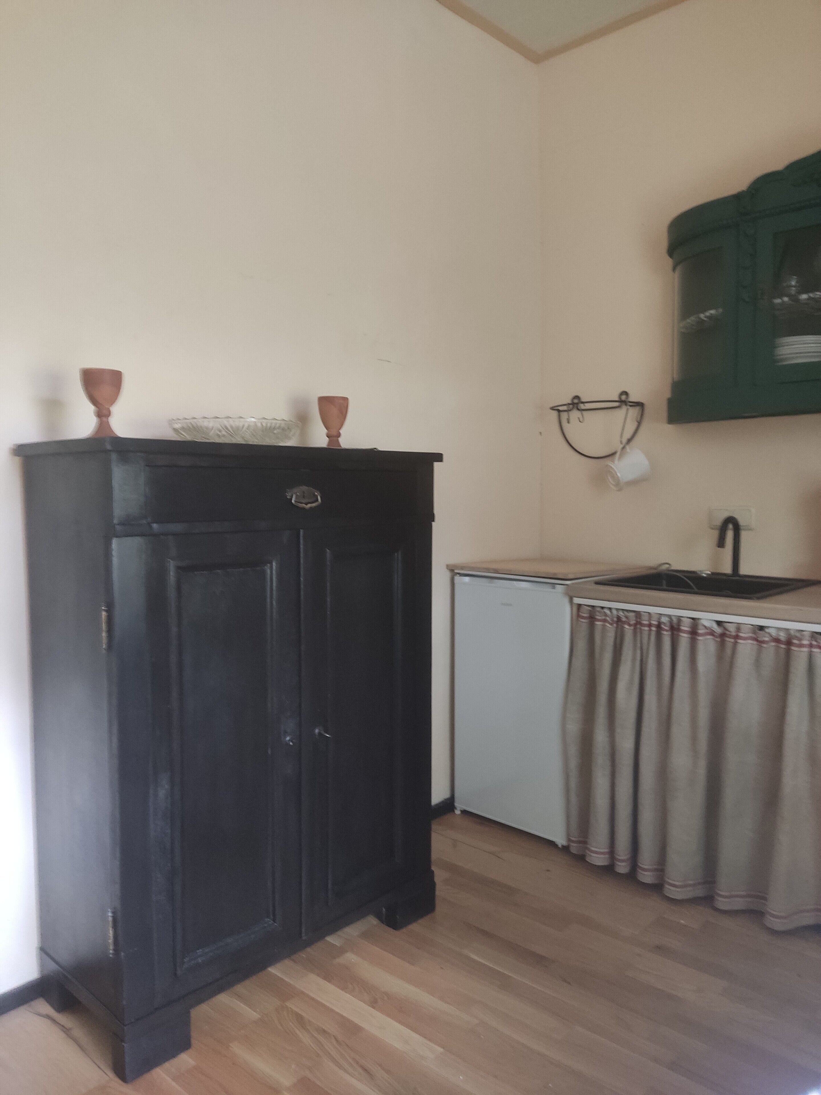Eine kleine Küche mit einem dunklen Holzkorpus, einem Kühlschrank und einem Waschbecken mit einem grünen Schrank darüber.