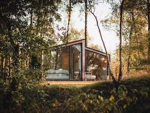 A modern glass structure with a bed and seating area, surrounded by dense forest. - Wilsumer Berge Resort - Cabin on the Hill by Interhome (Wilsum)