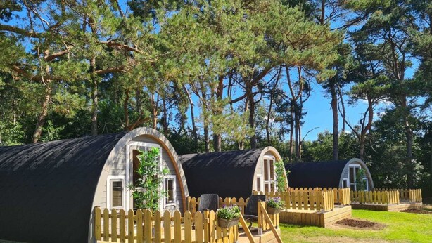Two small, semi-open cabins with wooden fences and a grassy area in front. - Wilsumer Berge Resort - Wood Lodge by Interhome (Wilsum)
