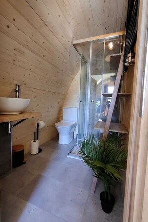 Een kleine badkamer met een houten plafond, een wastafel, toilet en douchecabine.
