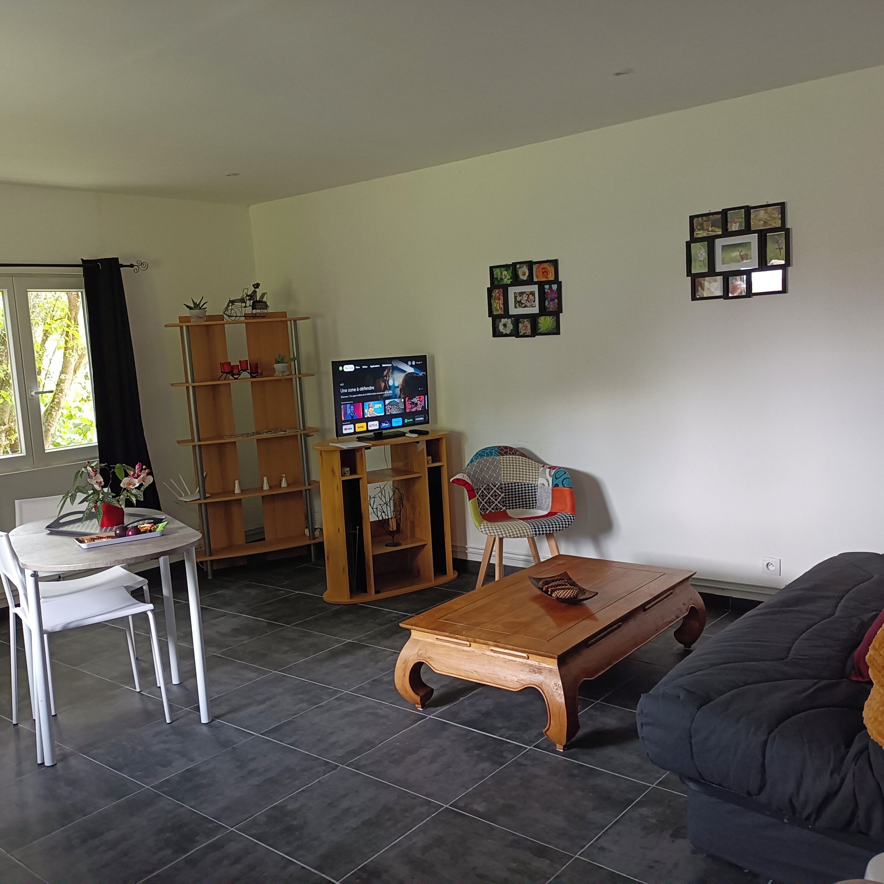 Un salon avec un téléviseur, une bibliothèque, un fauteuil et un canapé.