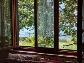 A room with a large window overlooking a natural landscape, a bed with a patterned bedspread, and a view of trees and a body of water.