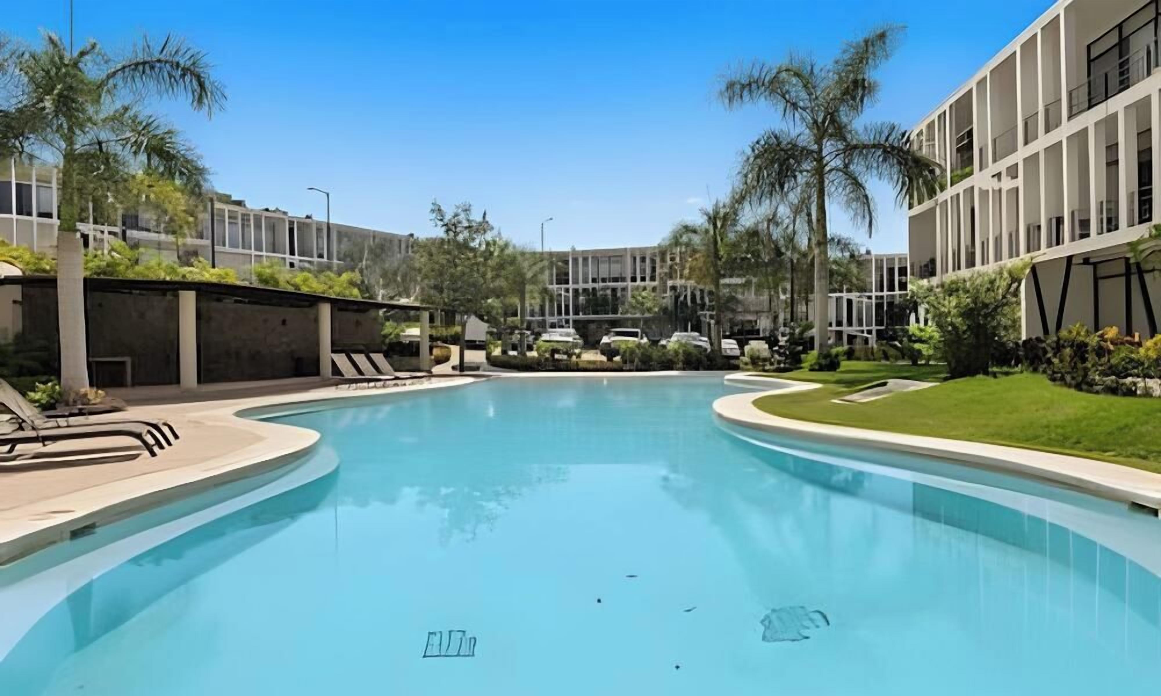 A swimming pool with a clear blue water surface, surrounded by a well-maintained lawn and palm trees.
