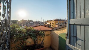 A view of a cityscape with buildings, a clear sky, and a potted plant in the foreground. - San Petronio Vecchio 57 (Bologna)
