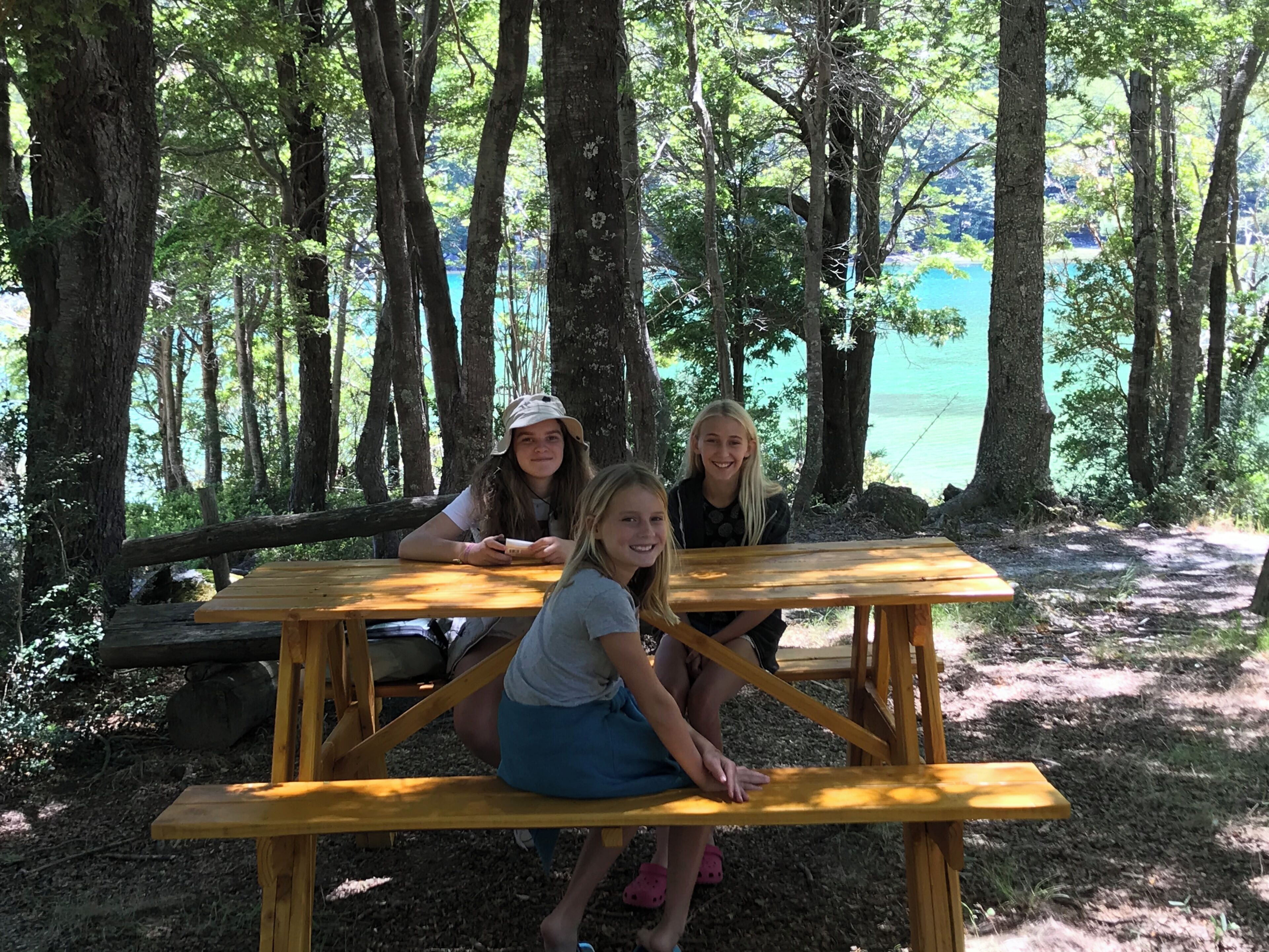Three individuals seated at a wooden picnic table in a forested area with a lake in the background.