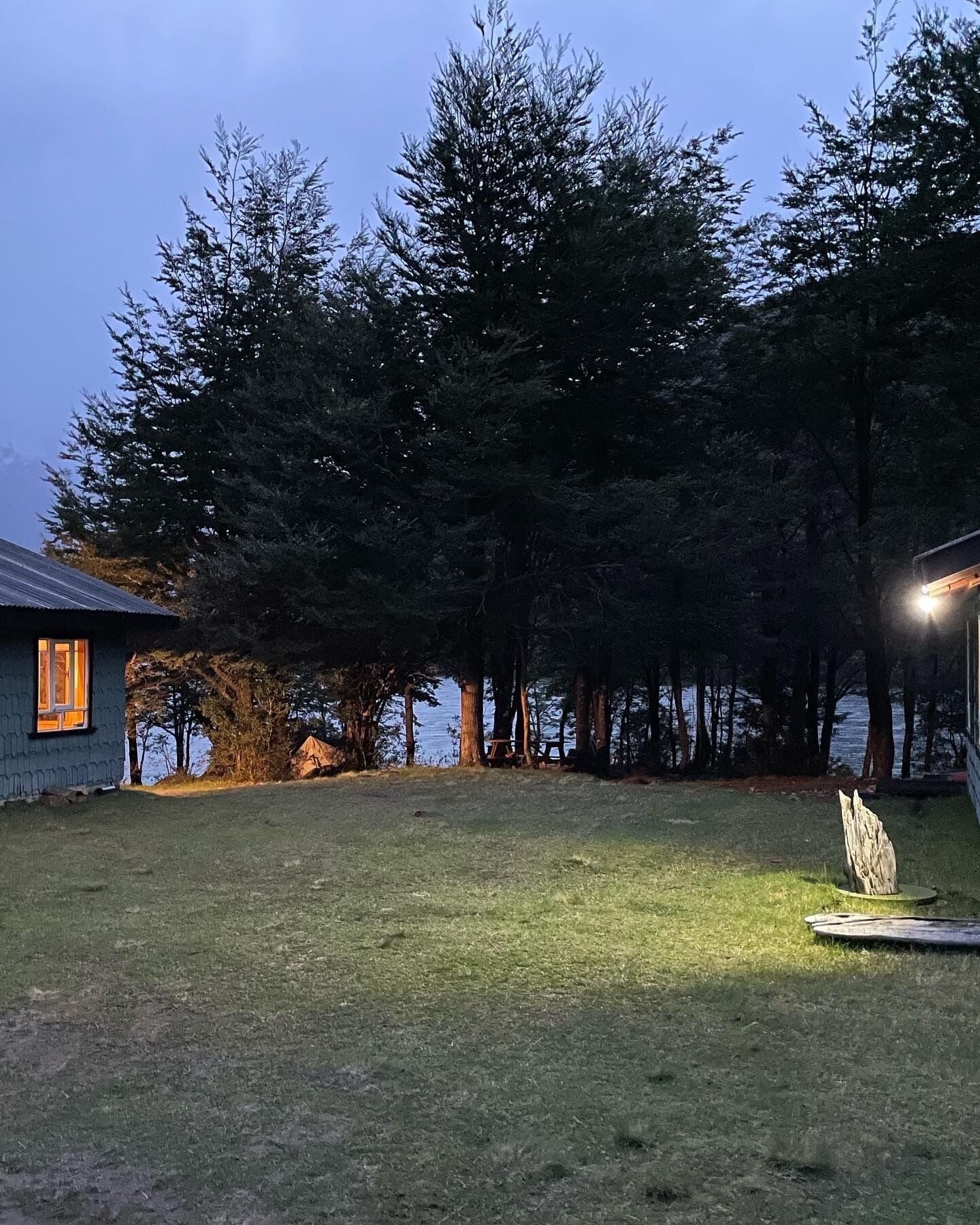 Una casa con un porche visible, rodeada de árboles altos y una masa de agua.