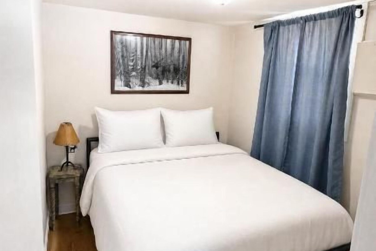 Une chambre à coucher avec un lit, une table de chevet, une lampe, un tableau encadré au mur et une fenêtre avec des rideaux.