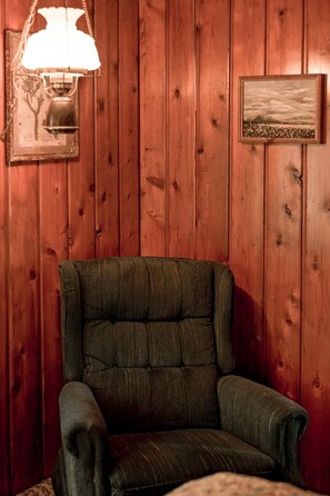 A wooden-paneled room with a single armchair, a wall-mounted lamp, and a framed picture. - Cozy 2-bedroom cabin in beautiful Shell Lake, Wisconsin. (Shell Lake)