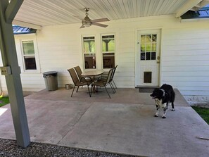 A covered patio with a table and chairs, a ceiling fan, and a dog. - Ashwood Acres - 5 minutes from Winterplace!  11 Acres of room to play! (Ghent)