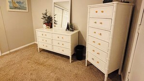A room with a white dresser, a mirror, a small potted plant, and a framed picture on the wall.