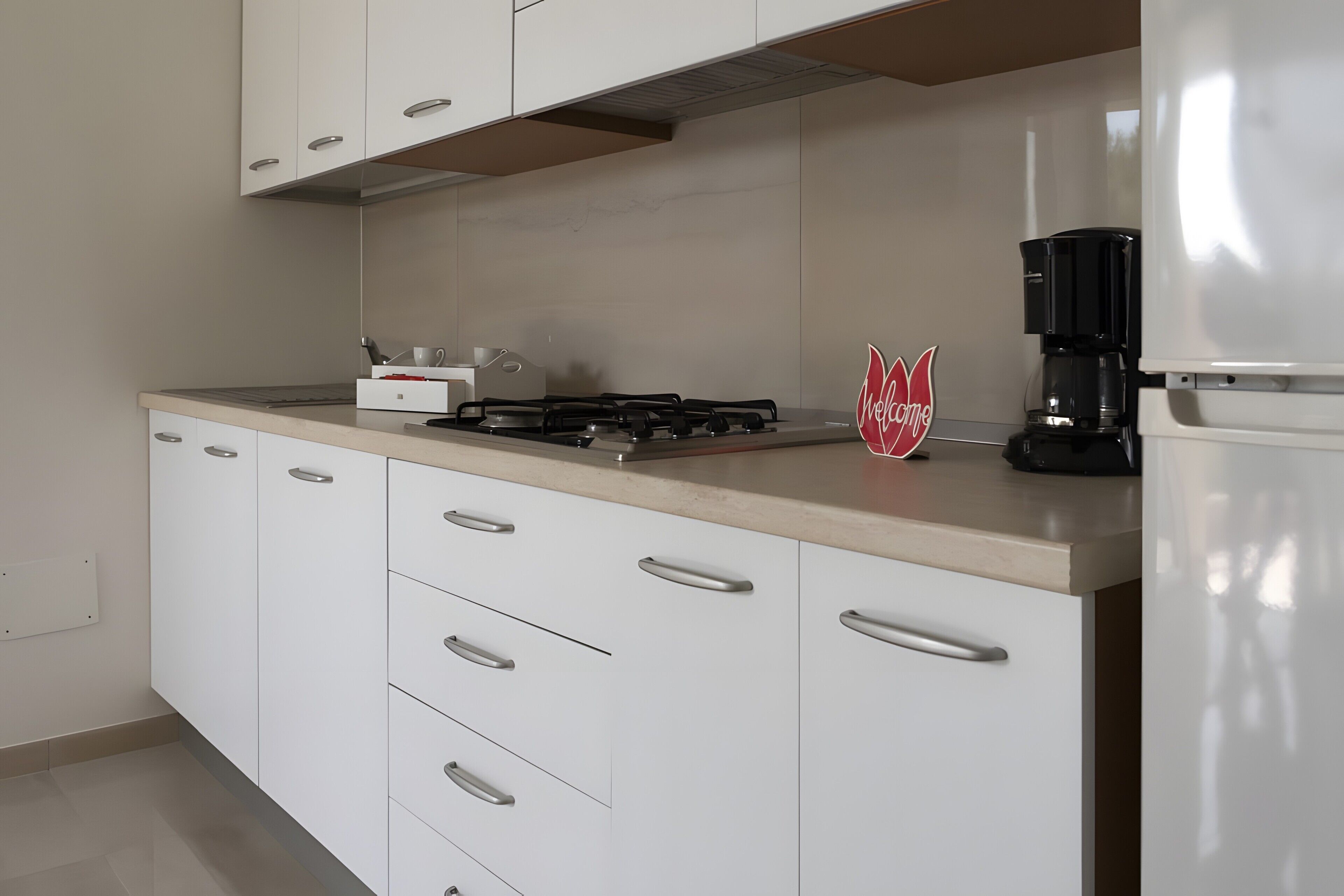 Cafetera o tetera, frigorífico, microondas y placa de cocina
