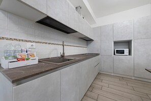 A modern kitchen with a built-in microwave, a sink, and a countertop with a white appliance. - Ninfea Apartment – Superior Four-Room with Shared Pool, WiFi, and Air Conditioning (Sirmione)