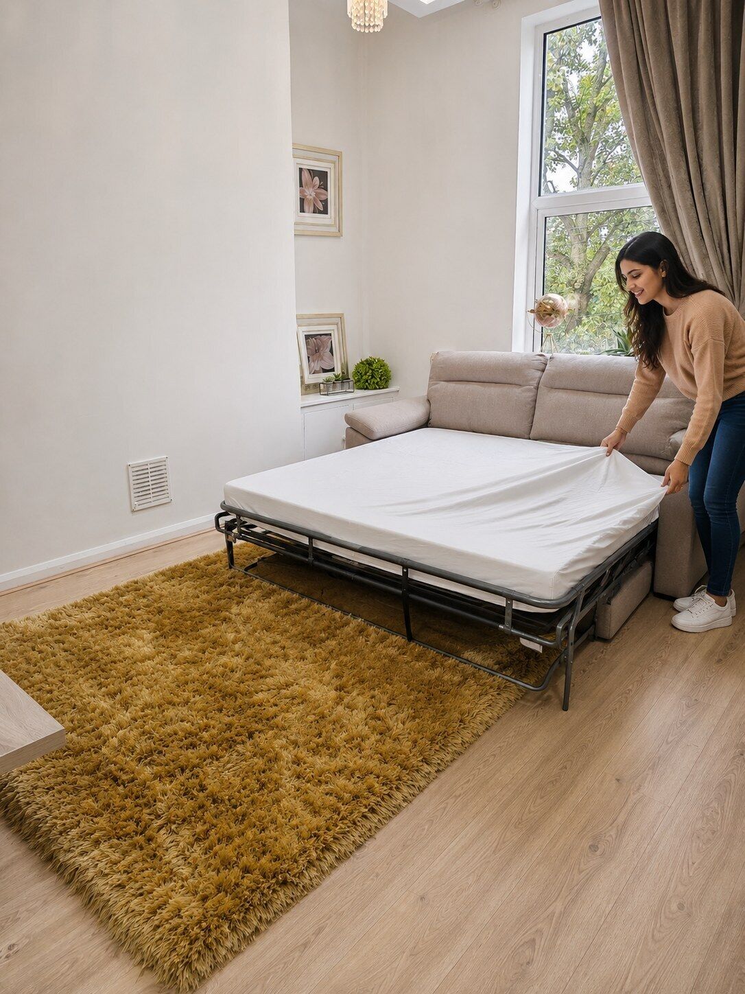 Ein Bett mit Metallgestell, ein brauner, flauschiger Teppich, ein Fenster mit Vorhängen und eine kleine Pflanze auf einem Nachttisch.