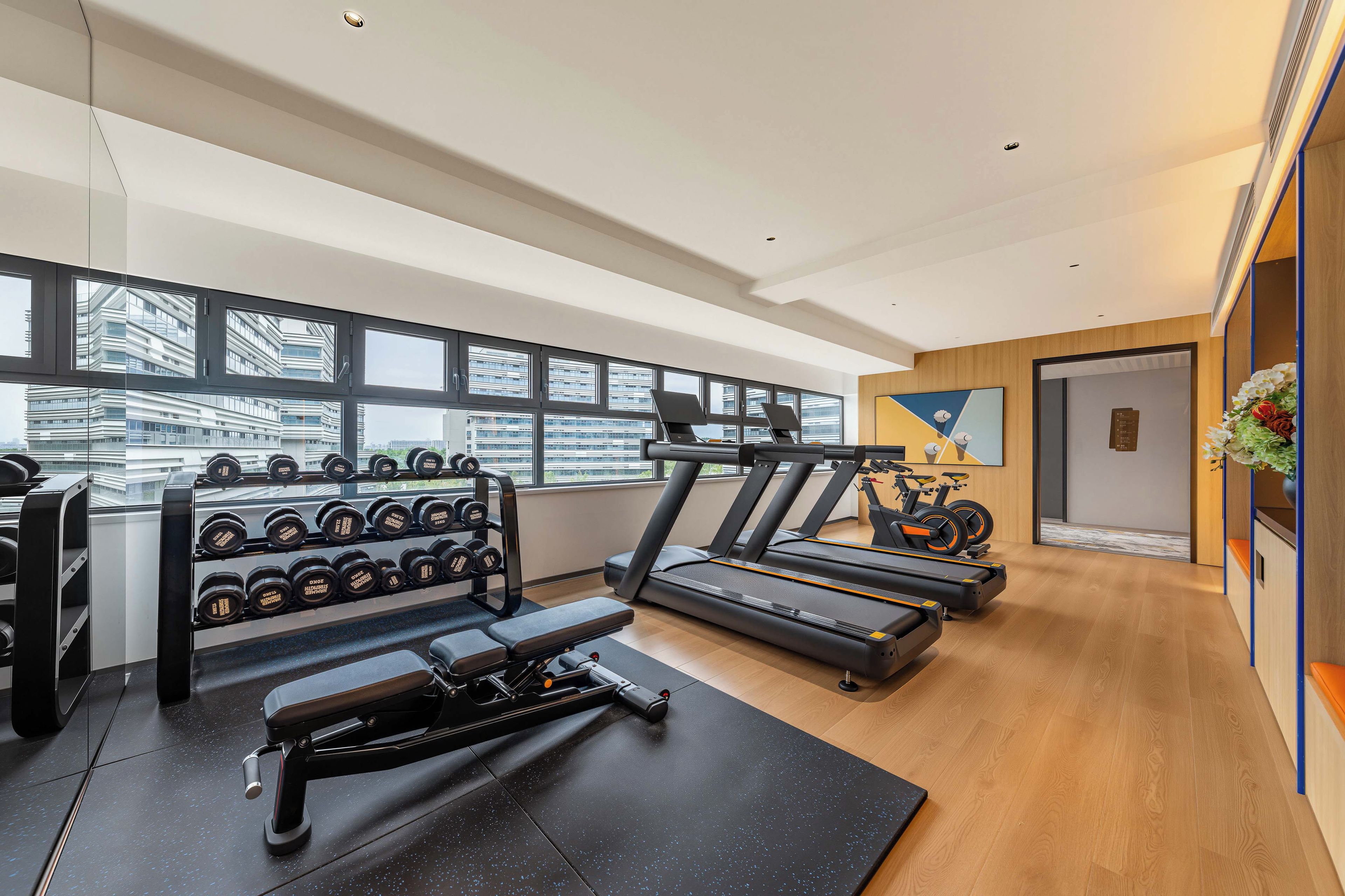 A modern gym with treadmills, dumbbells, and exercise equipment.