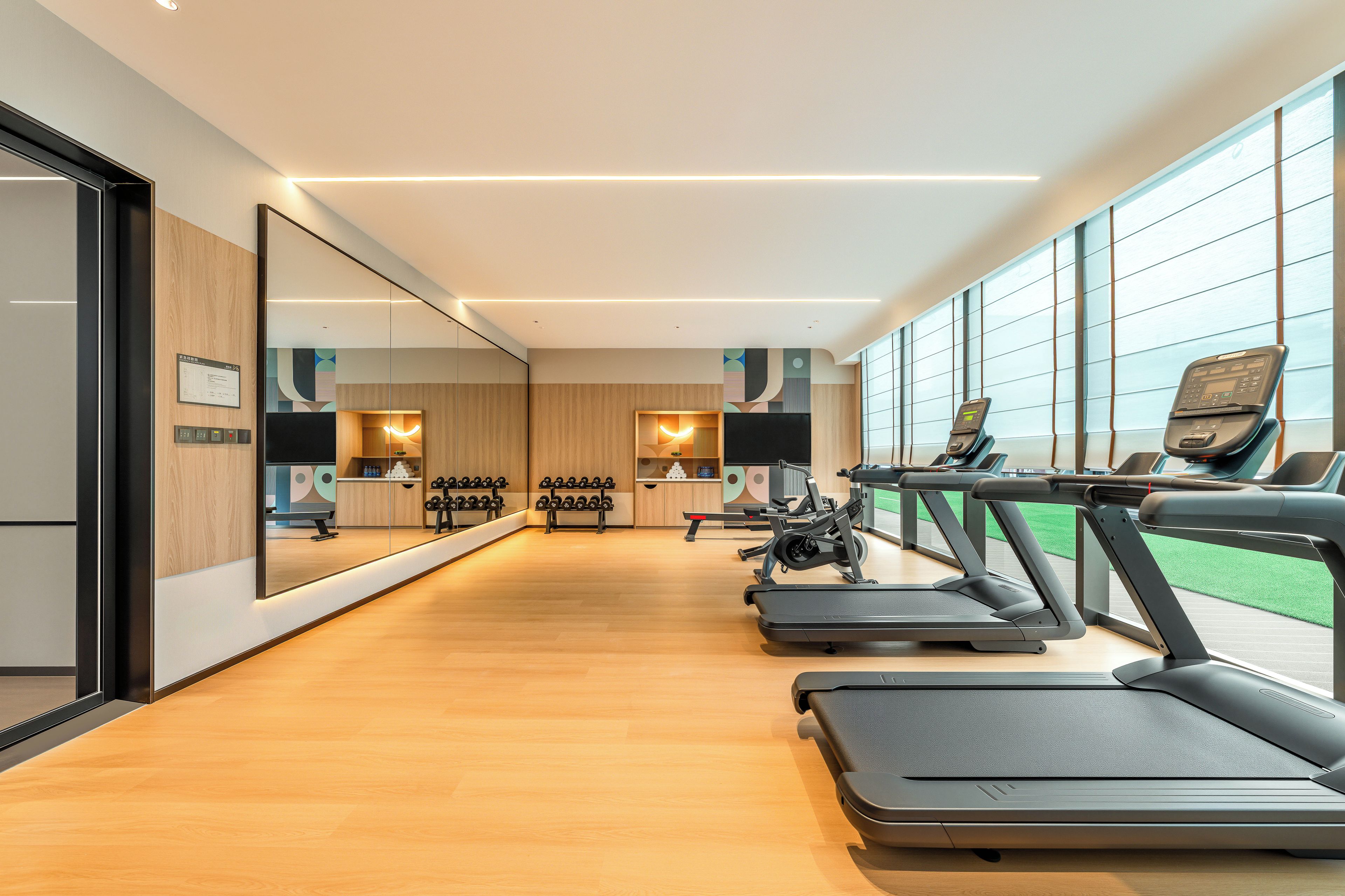 A gym with treadmills, dumbbells, and exercise equipment.
