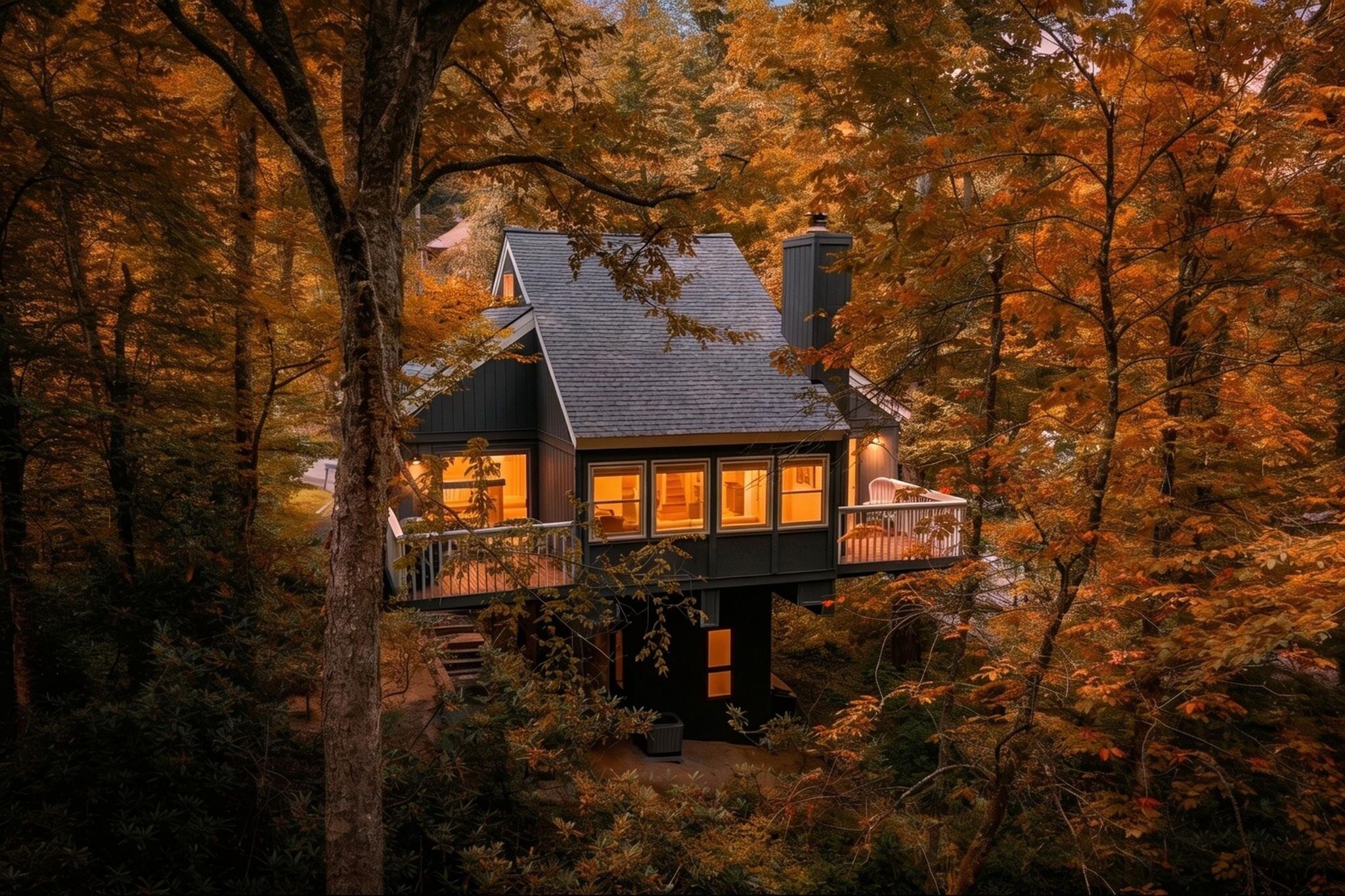 Ein Haus mit Balkon, umgeben von Bäumen.