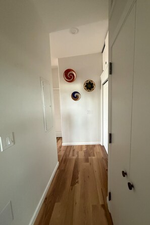 Un couloir doté d’un plancher en bois, de murs blancs et de trois assiettes décoratives fixées au mur.