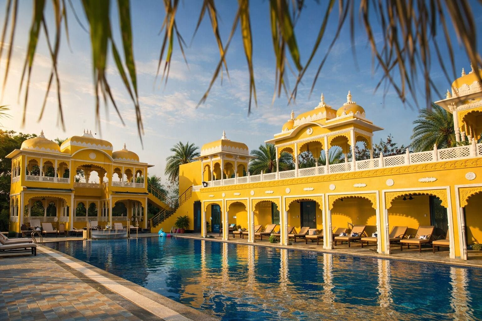 Zona junto a la piscina con vista despejada a un edificio de paredes amarillas y múltiples cúpulas, rodeado de palmeras.