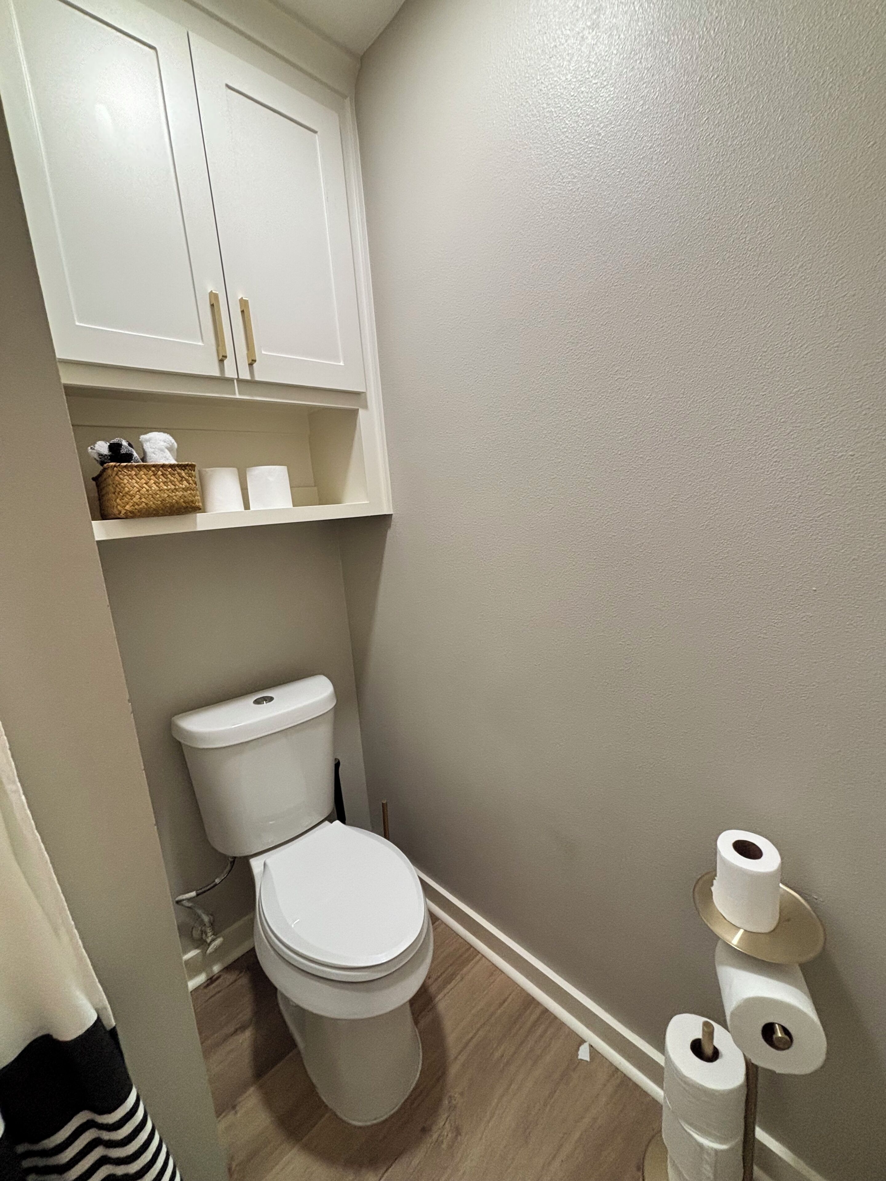 Une petite salle de bain avec des toilettes, une étagère contenant des articles de toilette et un mur sobre.