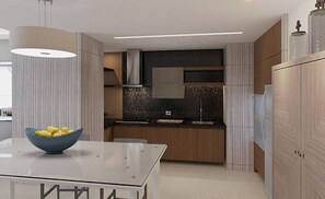 Una cucina moderna con un tavolo in vetro, una ciotola di limoni e mobili in legno.