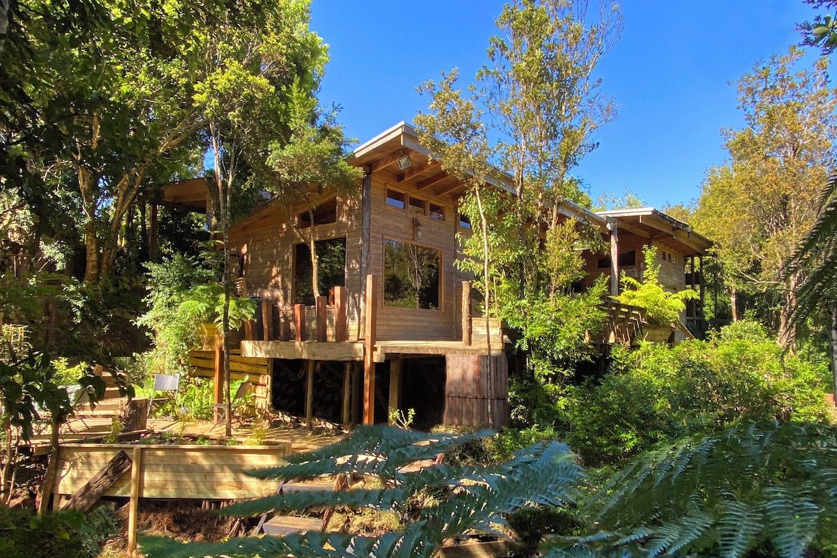 A wooden cabin with multiple levels, surrounded by dense greenery and ferns.