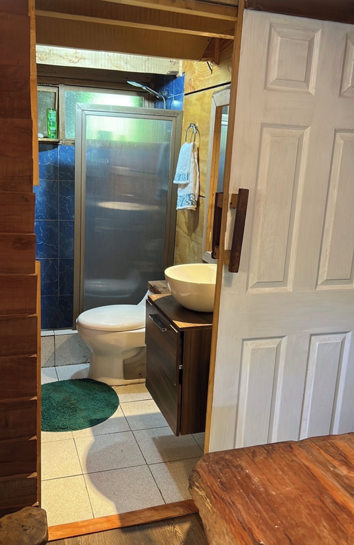 A bathroom with a toilet, a sink, and a shower.