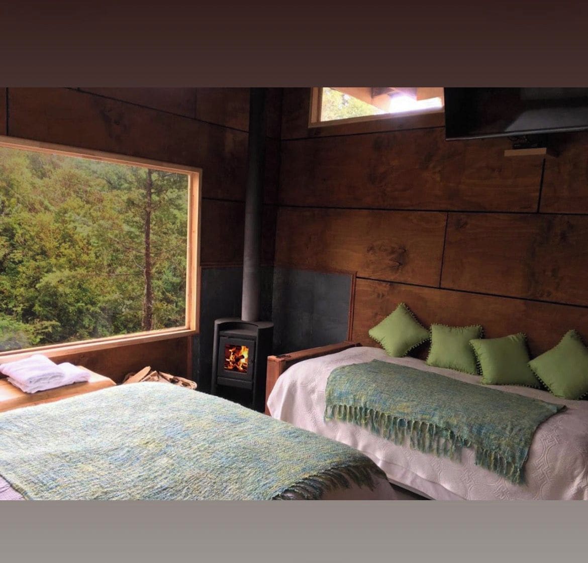 Una habitación con cama, ventana con vista a árboles y estufa de leña.