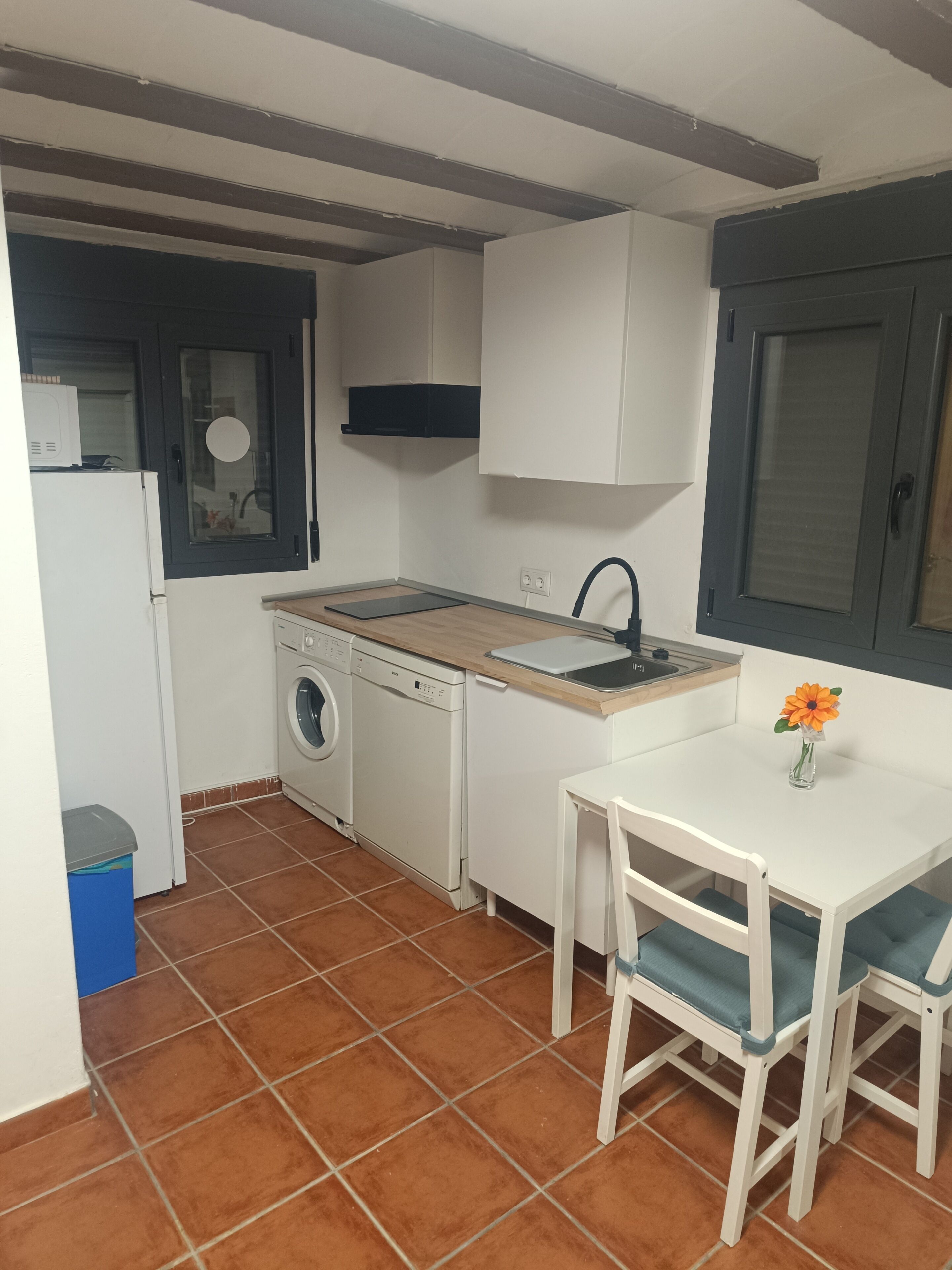Cocina compacta con lavadora, lavamanos y zona de comedor con mesa y sillas.