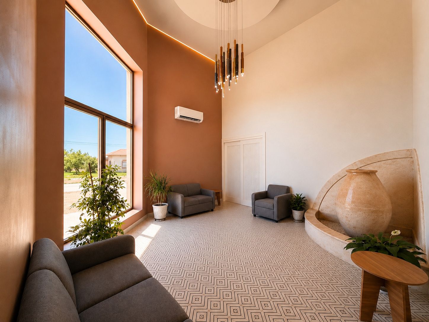 Un interior moderno con suelo de diseño geométrico, un sofá gris, dos sillones, una planta en maceta y una escultura original.