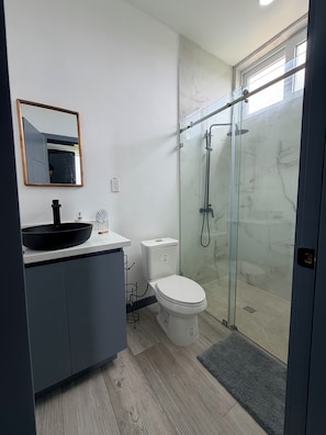 A modern bathroom with a glass shower enclosure, a white toilet, and a dark-colored vanity with a black sink. - Retreat with views of the mountains and the sea - Roatán (Jonesville)