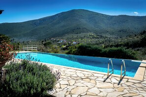 Ein Pool mit Steinfliesen, umgeben von viel Grün und einem Berg im Hintergrund.
