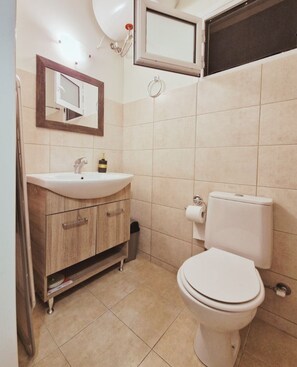 Een badkamer met een witte wastafel, een houten kastje, toilet en een spiegel boven de wastafel.