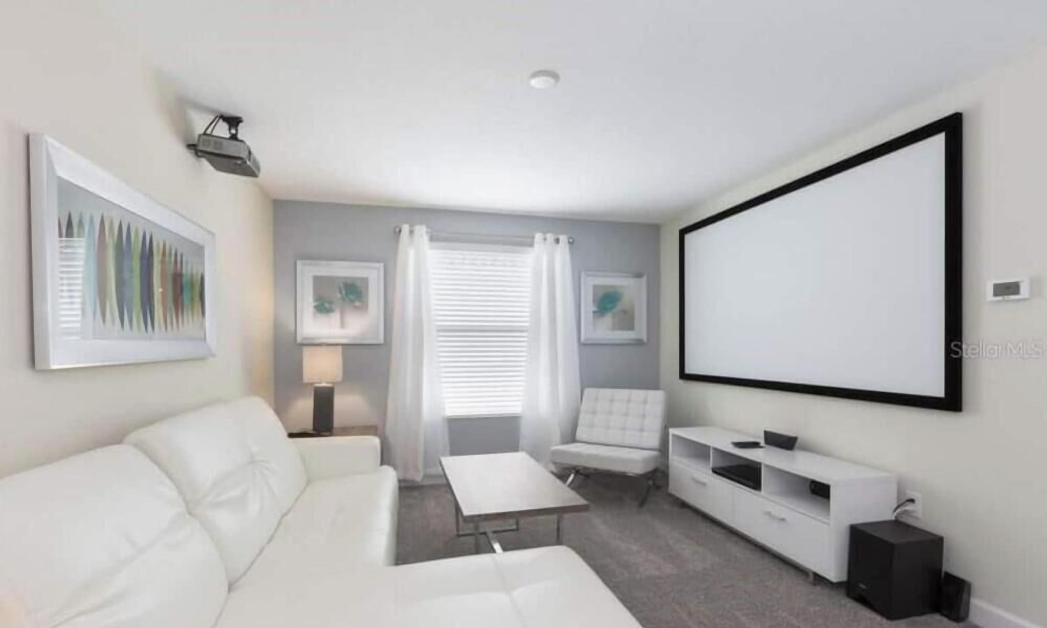 A modern living room with a white sofa, a small table, a white armchair, a TV, and a projector screen.