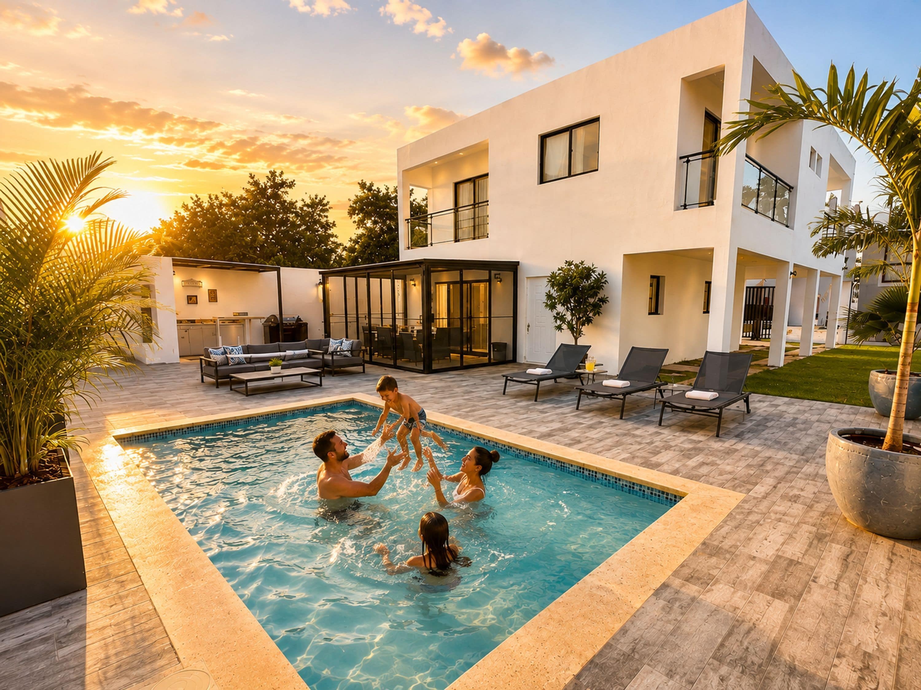 A modern pool area with a clear sky, a pool, lounge chairs, and a building with large windows.
