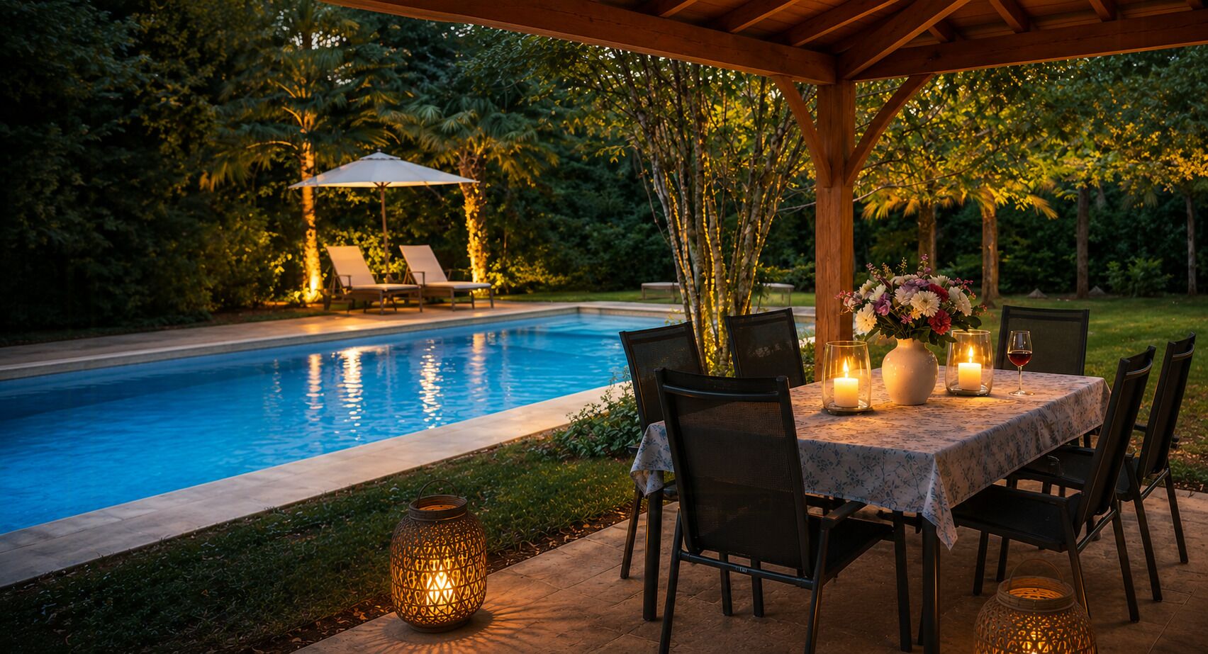 A poolside dining area with a table set for two, surrounded by chairs, and a pool in the background.