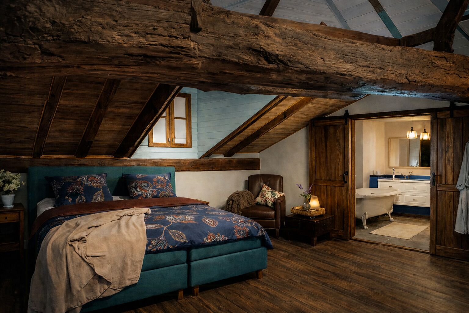 A bedroom with a sloped ceiling, a large bed, a chair, a nightstand, and a bathroom visible through an open door.