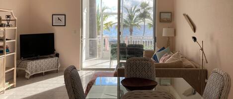 Una sala de estar con una mesa de vidrio, sofá, sillas, televisor y vista a palmeras a través de una puerta corrediza de vidrio.