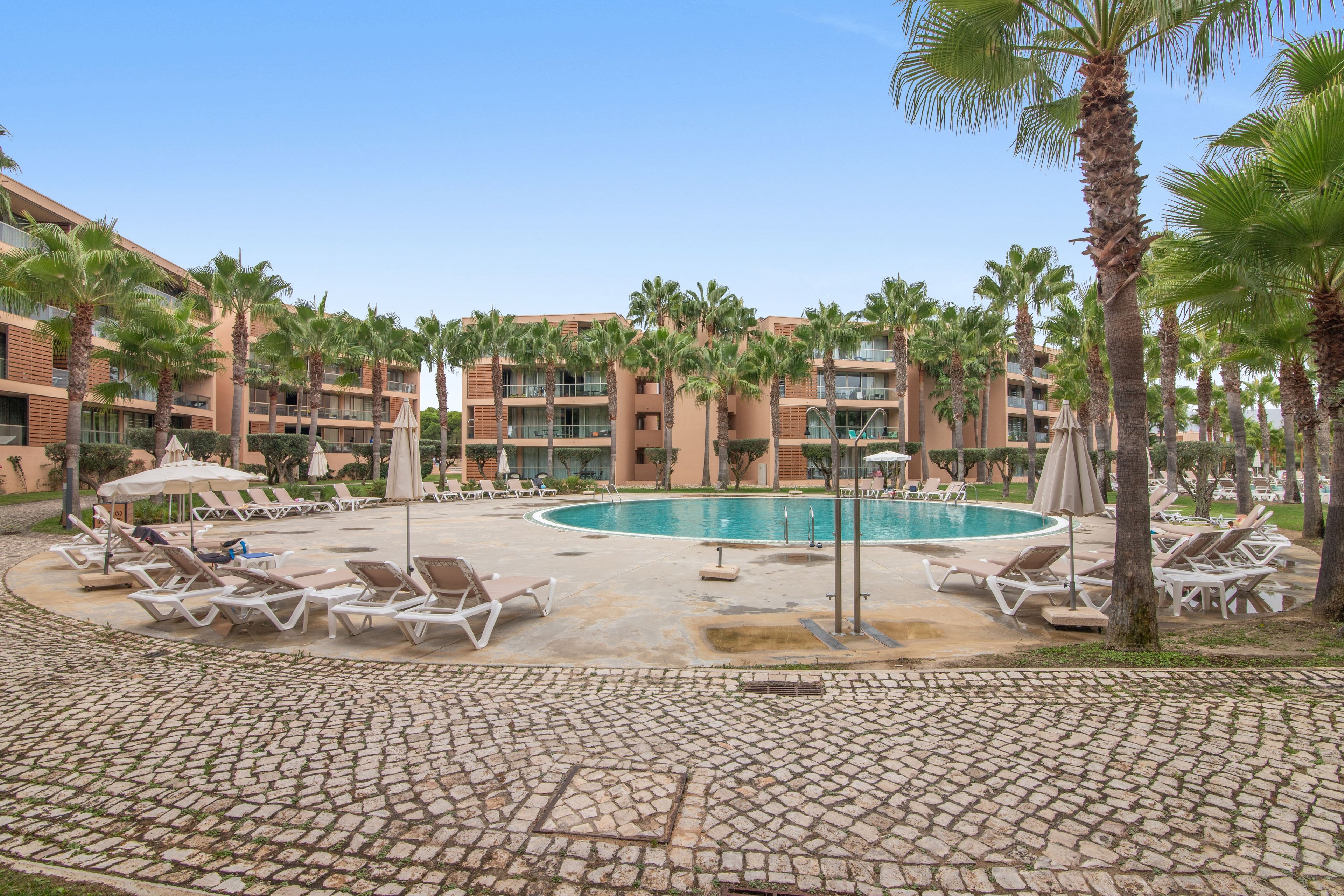 Zona de piscina en un resort, con sillas de descanso y palmeras.
