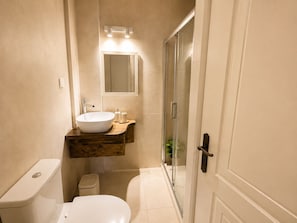 A compact bathroom with a white toilet, a vessel sink, a wooden vanity, a glass shower enclosure, and a mirror above the sink. - Private Methoni 3 Bedroom Villa Walk to Castle and Beach. (methoni)