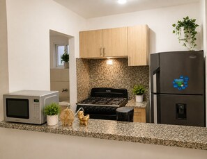 A modern kitchen with a gas stove, a microwave, a refrigerator, and decorative plants. - Serenity Cove, A  3-bedroom apartment with AC in Terrezas del Este (Villa Hermosa)