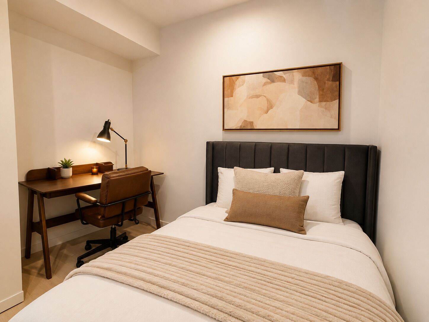 A bedroom with a bed, a desk, and a chair.