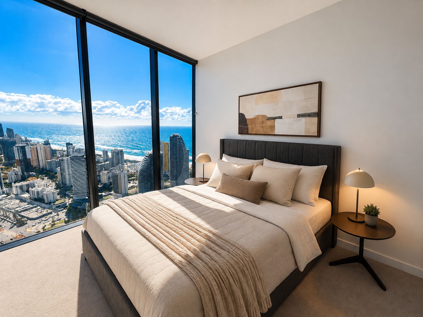 Ein Schlafzimmer mit großem Fenster, einem Bett mit Kopfteil, zwei Nachttischen und einem Bild an der Wand.