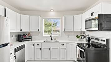 A modern kitchen with white cabinetry, a built-in microwave, a dishwasher, and a large window with blinds.