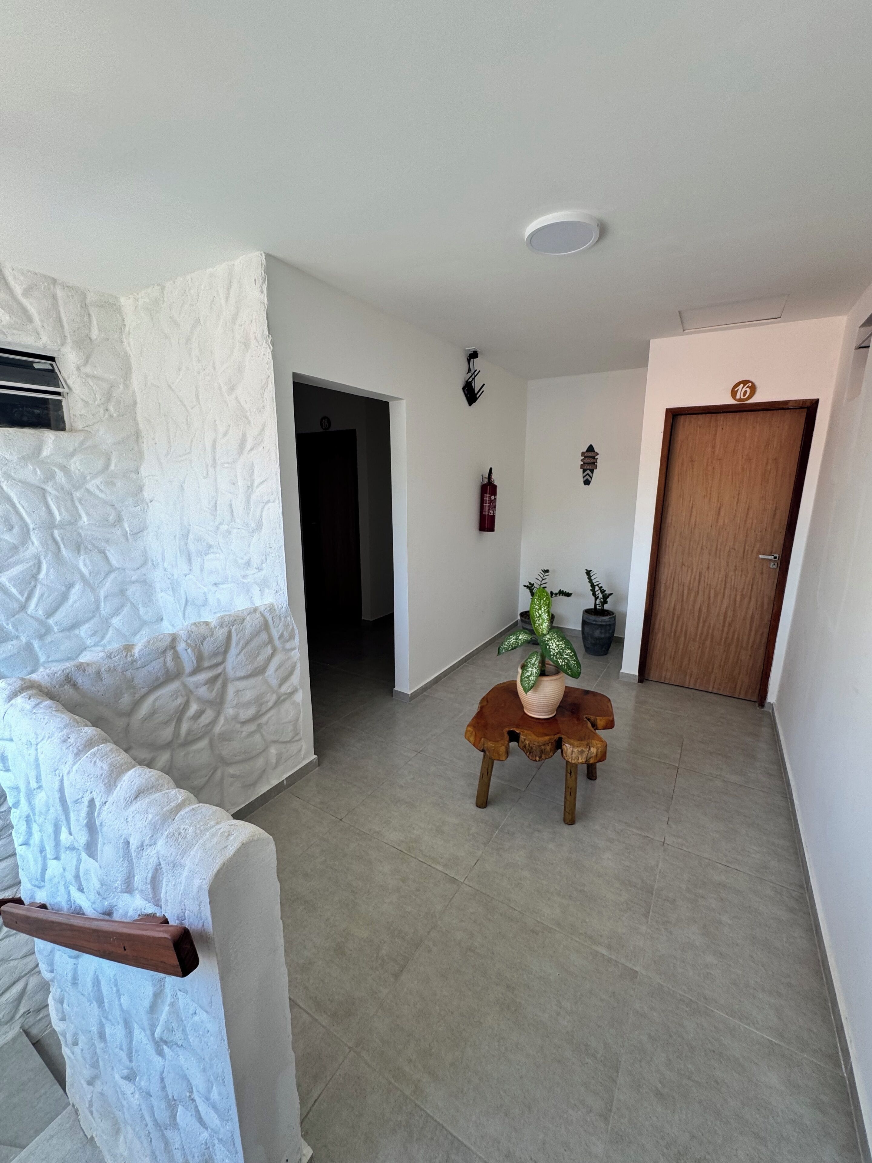 Una habitación amplia con un muro de acento de piedra, una puerta de madera y una pequeña mesa con una planta en maceta.