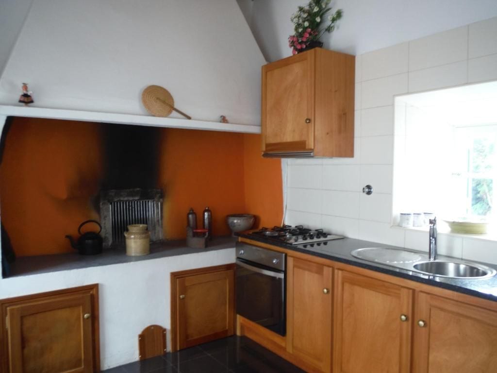 A kitchen with wooden cabinets, a gas stove, an oven, and a sink.