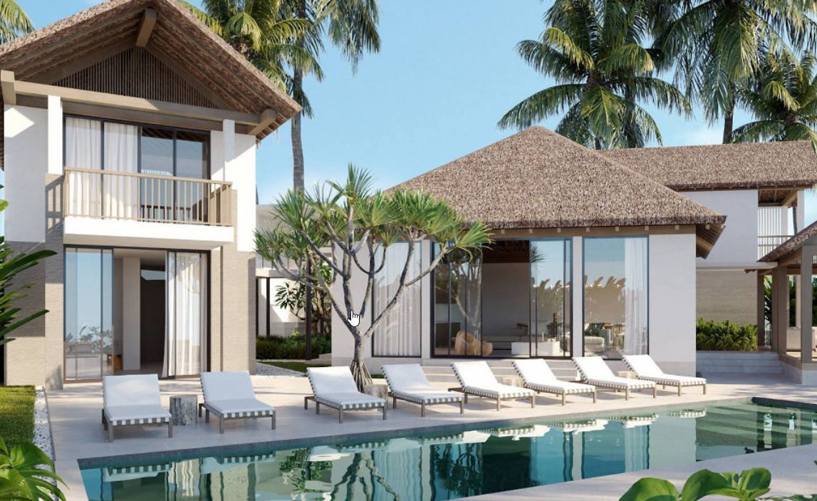 A modern two-story building with a pool, lounge chairs, and palm trees.