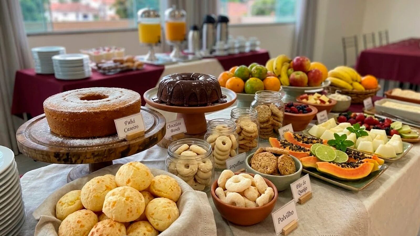 Un bufé con diversas opciones de comida, incluyendo un pastel nordés, galletas y frutas frescas.