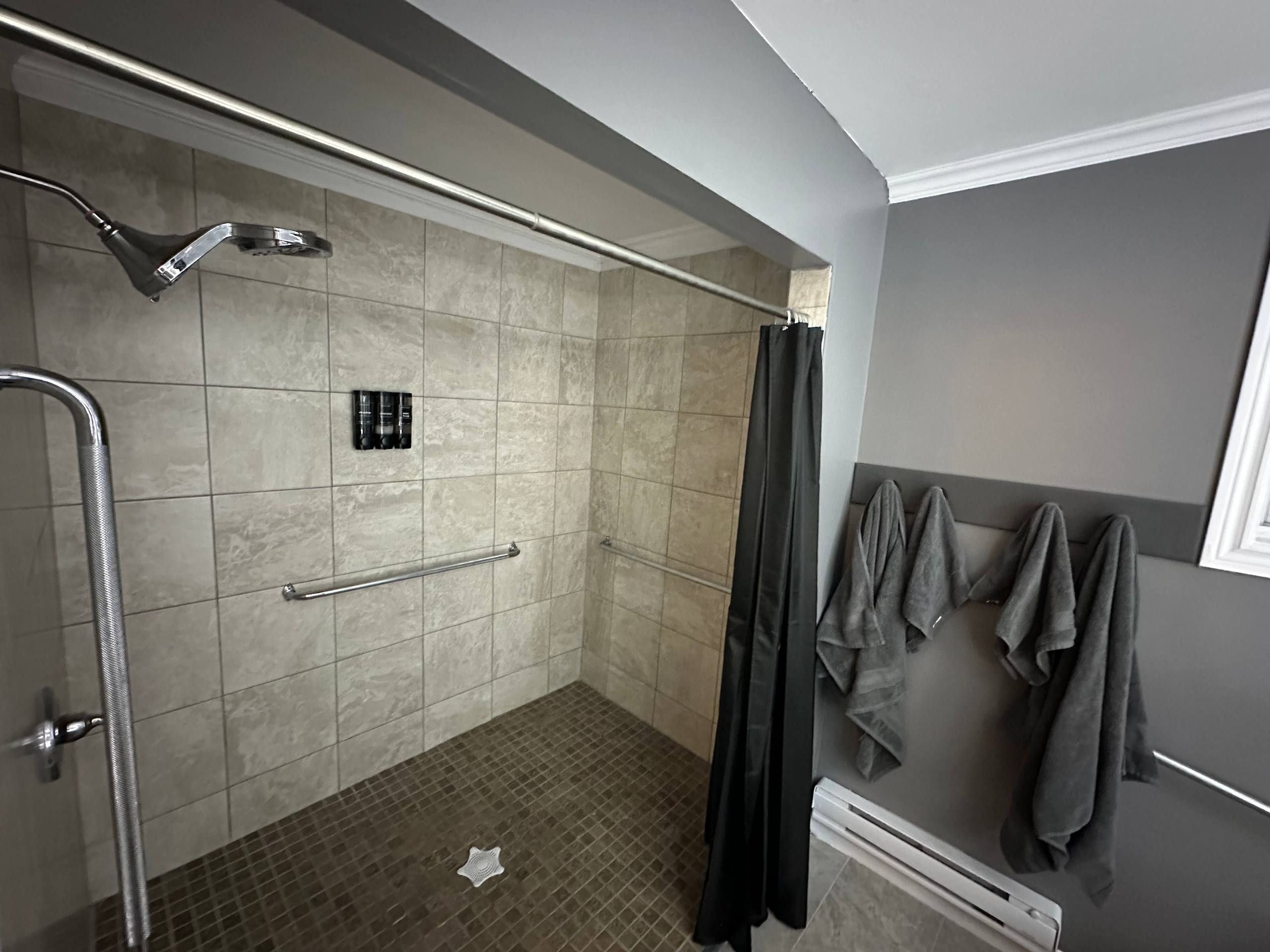 A shower with a handheld showerhead, a grab bar, and a towel rack with towels.